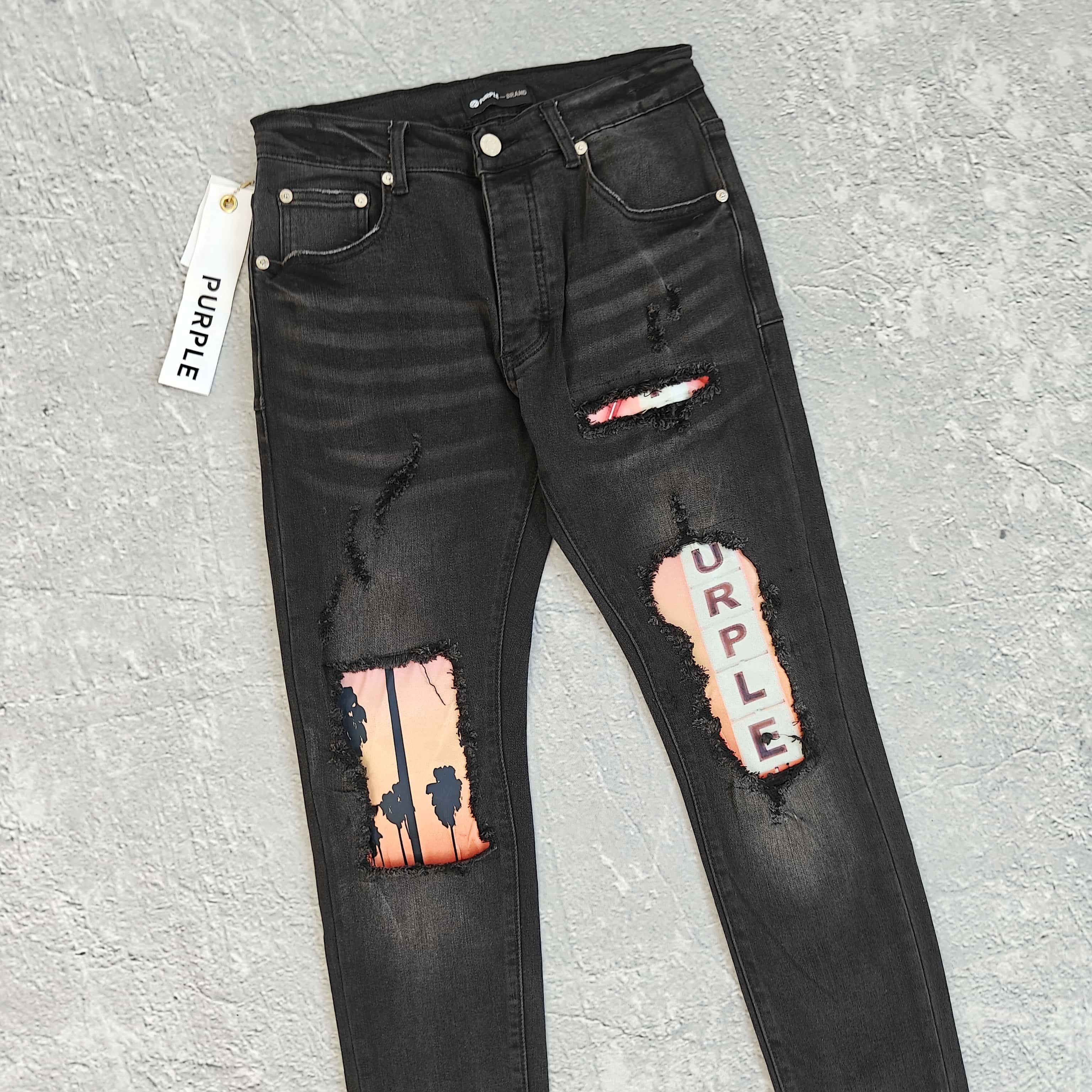 黑色破洞印花弹力紧身牛仔裤- 珀 528636（GZ）