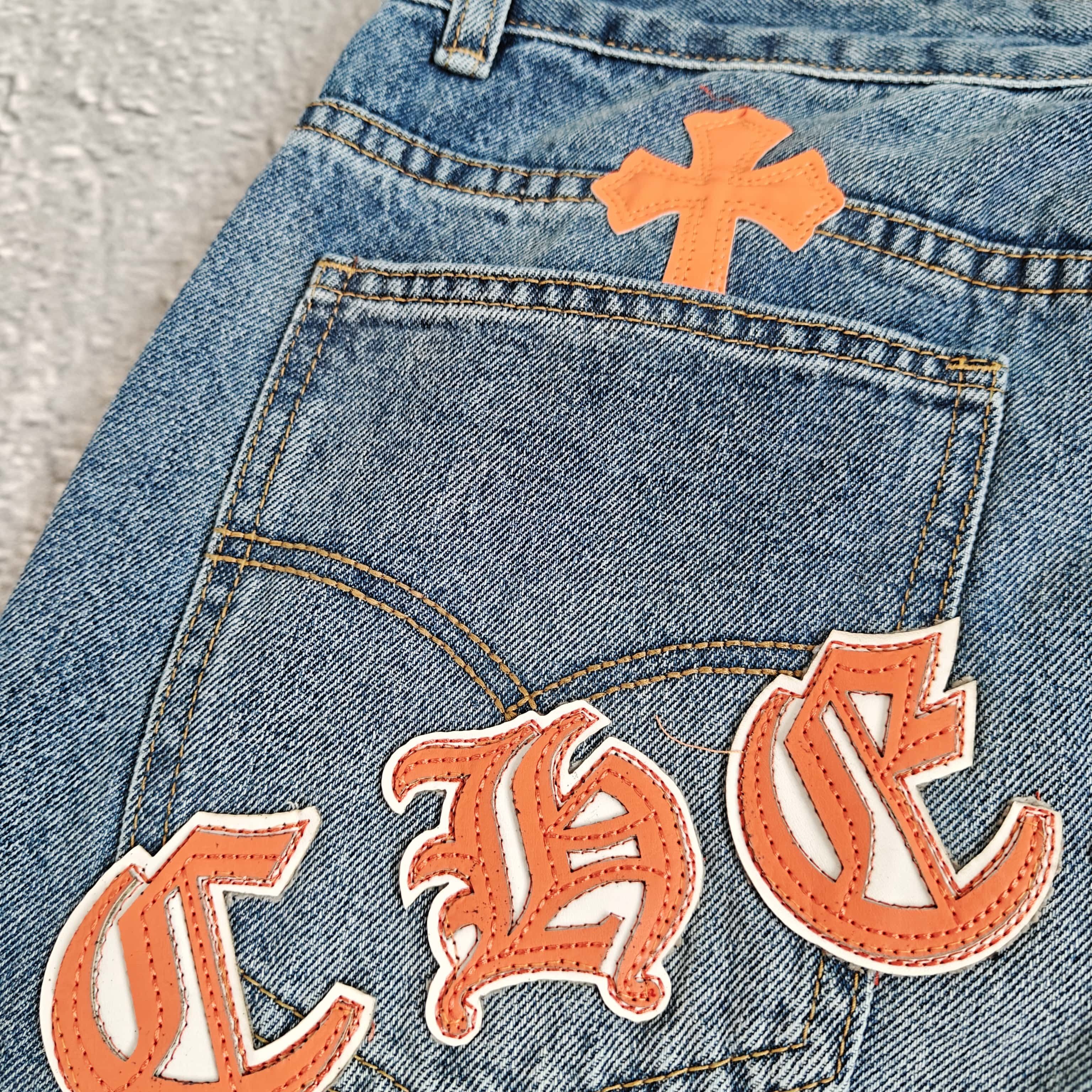 蓝色橙白标牛仔裤 - 可 528412 （YF）