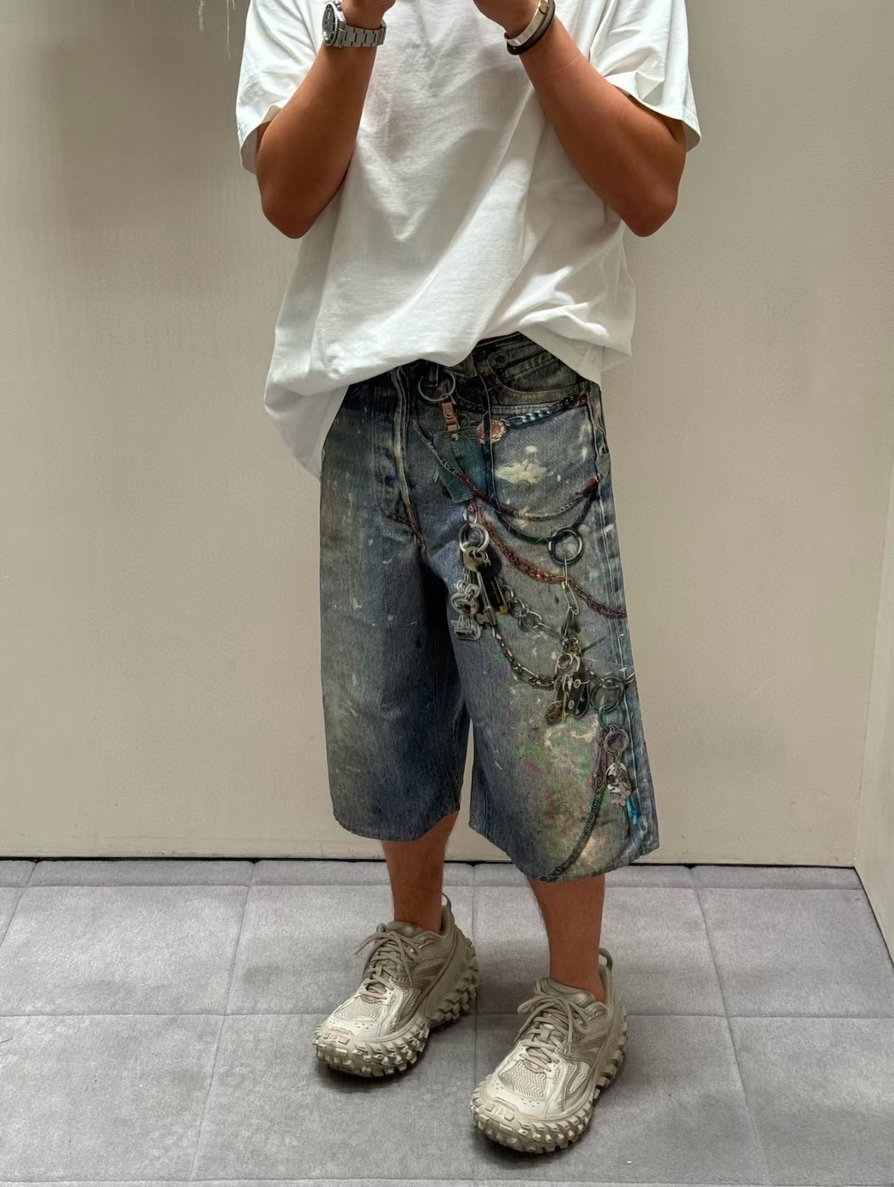 链条花打印牛仔短裤 - 希 528379 （GZ）